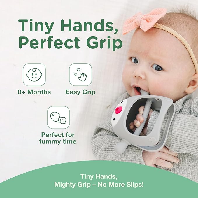 Teething Toy for Infants & Babies, Teethers for Babies 3-6 Months, Baby Teethers 0-6 Months, Teething Toys 6-12 Months, TotCo Never-Drop Baby Teething Toy, Grey