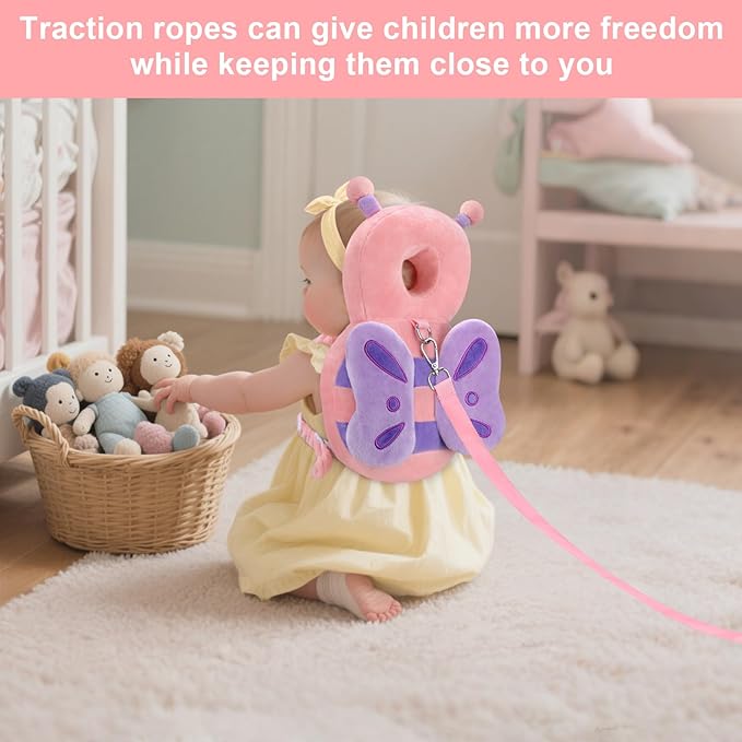Baby Head Protection Backpack with Leash, Anti Lost Toddler Protector Padded Pillow Carrier for Crawling Walking, Cute Butterfly Kid Harness Strap Infant Cushion Pad for 6-18 Months Boys Girls (Pink)
