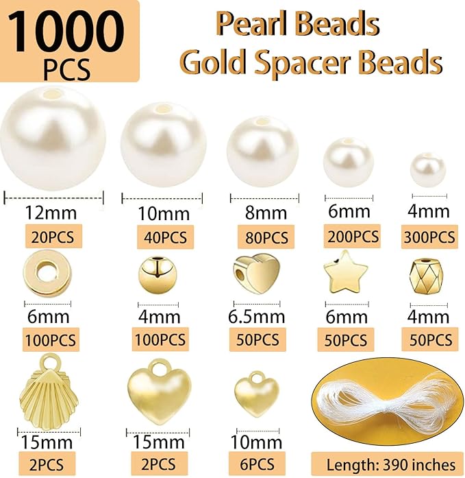 1000Pcs Pearl Beads for Bracelets Making, Pearl Beads for Jewelry Making for Adults, Silver Bracelet Beads DIY Kit, Silver Spacer Beads for Bracelets, Girls Friendship Bracelet Making Kit (Golden)