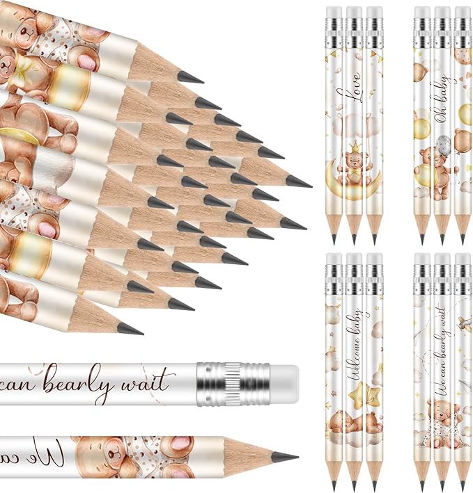 Tinlade 60 Pcs Bear Baby Shower Golf Pencils with Erasers Small Kids Sharpened Mini Pencils for School in Bloom Baby Shower Supplies
