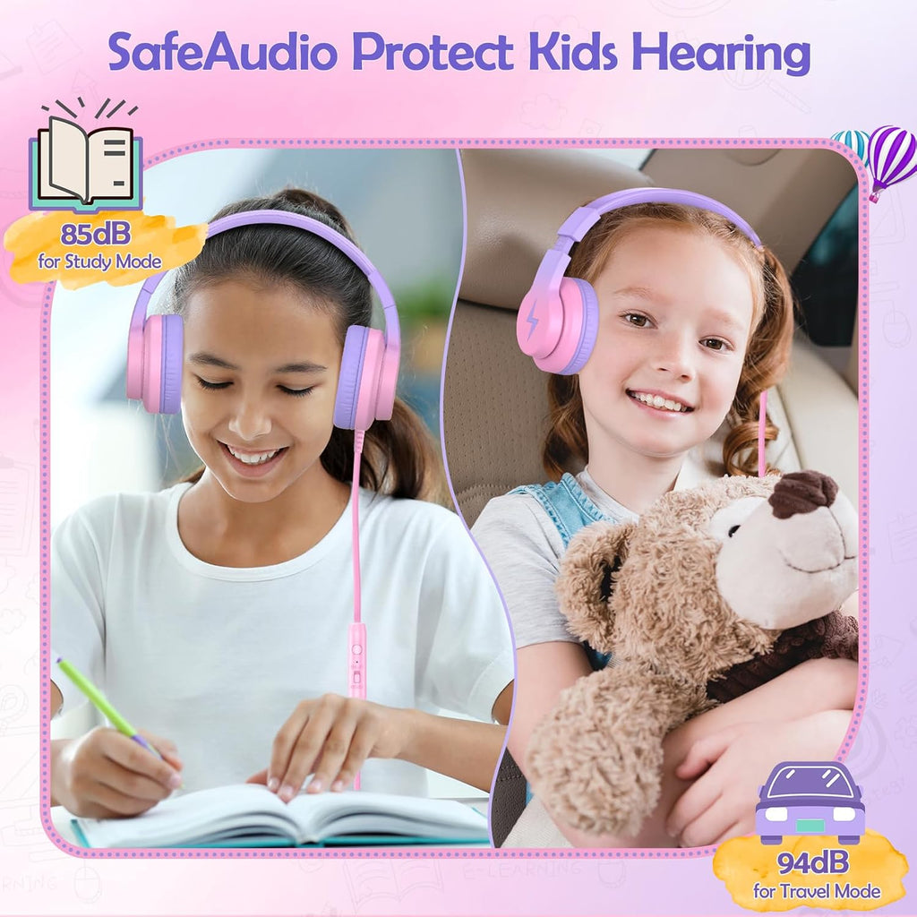 Kids Headphones, Wired Headphones for Kids Over Ear with Microphone, 85/94dB Volume Limiter Headphone for Girls Boys, Foldable Headphone for Learning & Entertainment, Gradient Red