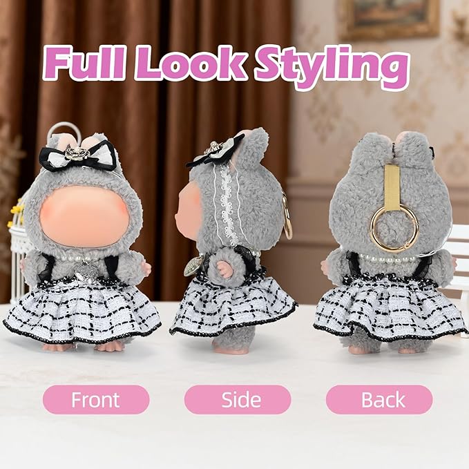 ‌Elegant White-and-Black Dress for 15cm/17cm Dolls - Strap Gown with Heart Pearl Necklace & Bow Headband/Fashion Doll Clothes Set, Accessories for Girl Doll/Perfect for Collectors, Gifts