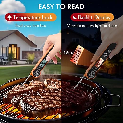 Meat Thermometer Digital with Backlight, Calibration & Hold Function, IP65 Waterproof Food Thermometer for Cooking, Outdoor Grilling, Candy Making
