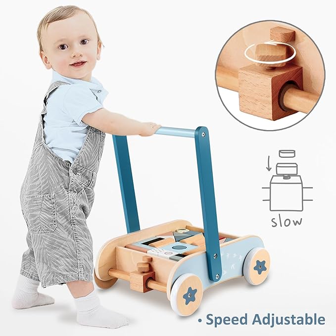 PairPear Wooden Baby Walker with Blocks & Brake – Montessori Push Cart, Adjustable Speed, Anti-Slip Wheels, Gift for 1-3 Y Boys & Girls