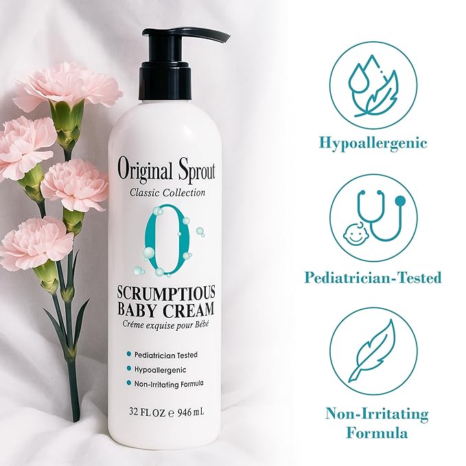 Original Sprout Scrumptious Baby Cream, Gentle Moisturizing Cream for Dry, Sensitive Skin & Diaper Rash, Non-Greasy Baby Lotion with Zinc Oxide & Calendula for Face & Body, 32 fl oz