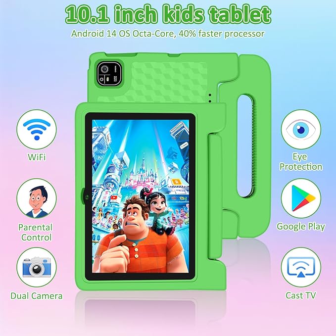 Tablet for Kids, 10.1 inch IPS HD Touchscreen Android 14 64 GB Storage, 8GB RAM, Octa Core Kids Tablet, Parental Controls, 12-hr Battery, WiFi, GPS - Green