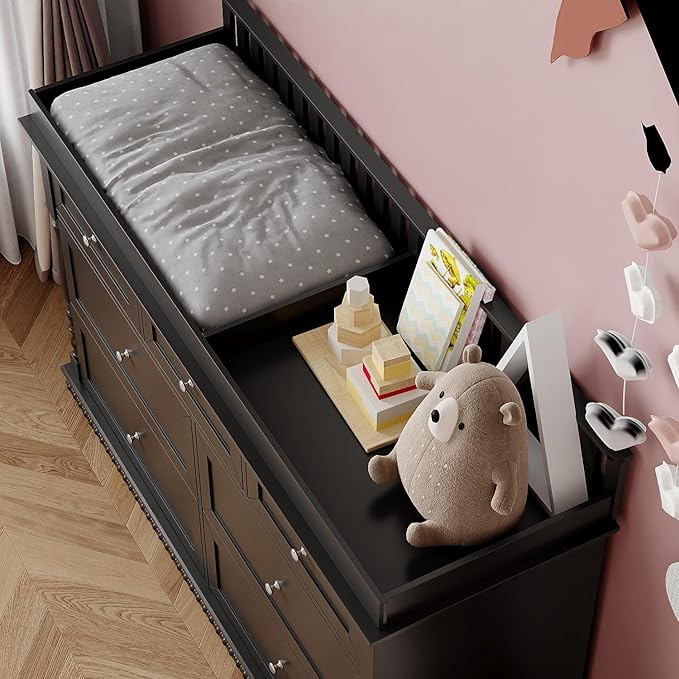 Baby Dresser with Changing Table Top, Black Dresser for Nursery with 7 Storage Drawers, Multi-Functional Baby Changing Table, Modern Diaper Nursery Dressers Station for Kids Bedroom
