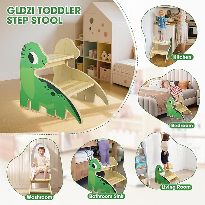 Toddler Step Stool, 2-Step Wooden Step Stool for Toddlers with Non-Slip Base, Cute Printed Design Potty Training Stool for Bathroom Sink, Kitchen & Bedroom (Dinosaur)
