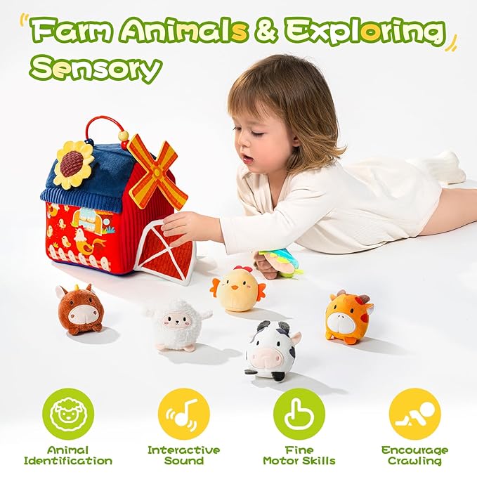 Baby Toys 6-12 Months, Montessori Sensory Toys, My First Farm House Toy with 6 Stuffed Animals,Rotating Windmill & Sunflower Crinkle, Rattle, Fun Mirror Fine Motor Skills Development,Baby Gift