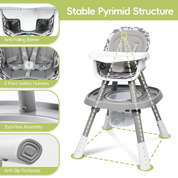 15 in 1 Convertiable High Chair for Babies and Toddlers, 2 in 1 Highchair & Activity Center w/Toys, Booster Seat, Toddler Chair w/5-Point Harness & Removable Tray & 2-Layer Cusion (Grey)