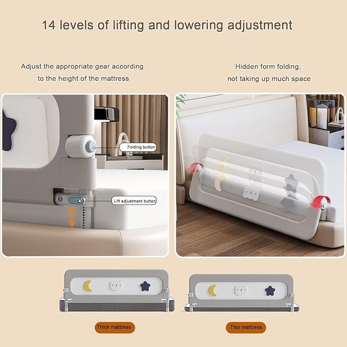 U Type Toddler Bed Rail Guard, Foldable Bed Rails for Toddlers, Adjustable, Safety, Convenient, Guard Rail with Twin, Full, Queen& King Size (Grey Patchwork, 71inch)