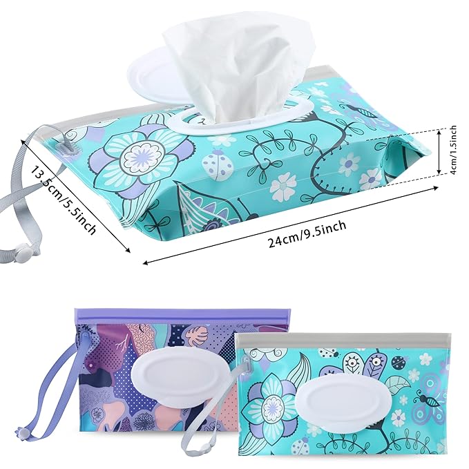 FEBSNOW 2 Pack Baby Wipe Dispenser, Reusable Portable Wipe Holder, Baby Wipes Container, Travel Baby Wipes, Refillable Wet Wipe Pouch (Floral)