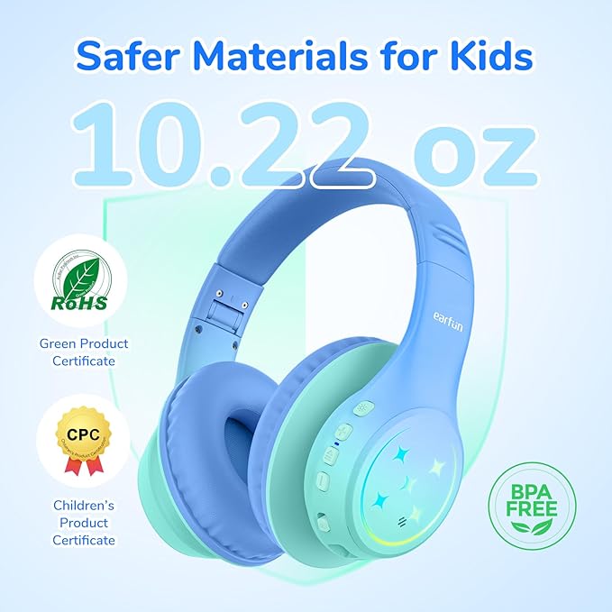 EarFun K4 Kids Bluetooth Headphones, Wireless Headphones with LED Lights, 74/85/94dBA Volume Limited, Built-in Mic, 90H Playtime, Bluetooth 5.4 Over Ear Headphone for iPad/Tablet/PC/School (Green)