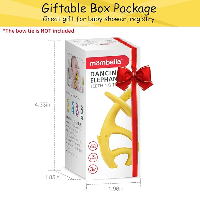 Teething Toys 3 Months+, Mombella Elephant Teethers for Babies with Strap to Clip on, Soft Silicone Teether Toys, 2 in 1 Teether & Pre-Training Toothbrush, 3 Month Old Infant Chew Toys, Yellow