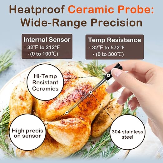 Real-Time Alerts Wireless Meat Thermometer - Smart Bluetooth Meat Probe for Grill, BBQ, Oven, Smoker - Long Range Bluetooth, Accuracy Temp, Dishwasher Clean, Waterproof - Perfect for BBQ Lovers
