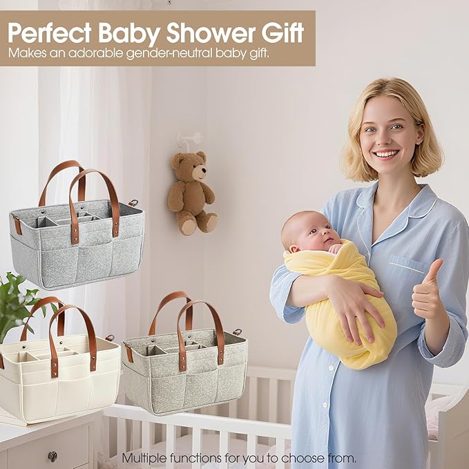 Nursery Storage Basket - Baby Diaper Caddy Organizer for Diaper Station, Newborn Essentials, Baby Shower Gifts and Registry Must-Haves for Boy or Girl (White)