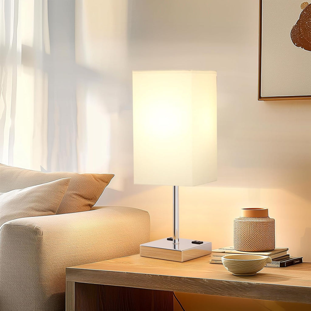 Touch Bedside Table Lamp For Nightstand - 3-Way Dimmable Night Lamp with USB A + Type C Charging Ports and two AC Outlets, Small Desk Light with E26 LED Bulb for Bedroom Living Room, WHITE PLUS