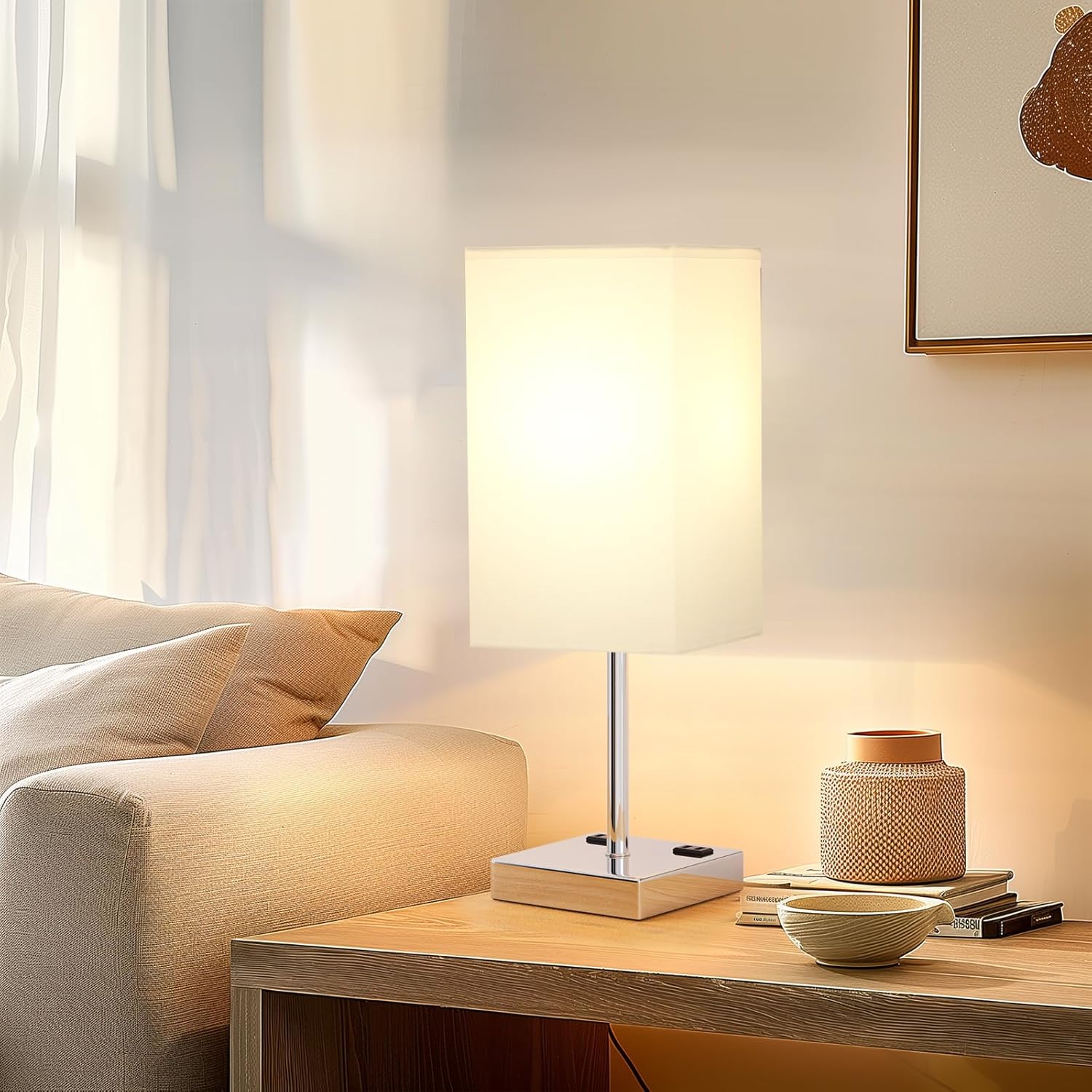 Touch Bedside Table Lamp For Nightstand - 3-Way Dimmable Night Lamp with USB A + Type C Charging Ports and two AC Outlets, Small Desk Light with E26 LED Bulb for Bedroom Living Room, WHITE PLUS