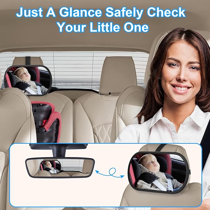 Baby Car Mirror, Safety Car Seat Mirror for Rear Facing Infant, Clear Wide View, 360°Rotation, Easily Observe the Baby Move, Secure, Shatterproof, Crash Tested and Certified (Black)