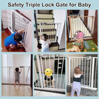 WAOWAO Triple Lock Baby Gate Extra Wide 76.77-81.49" Pressure Mounted Walk Through Swing Auto Close Safety White Metal Dog Pet Puppy for Stairs,Doorways,Kitchen