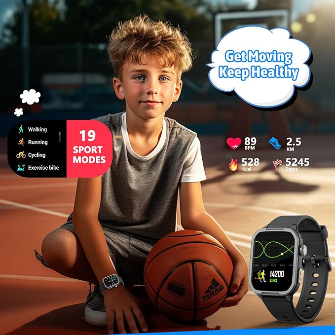 Smart Watch for Kids No Phone Needed, Tempered Glass Fitness Tracker Boy Teens with 19 Sport Modes, Pedometer, Sleep Monitor, Kids Watch Birthday Gifts Toy Gift for Girls Boys 6-16 (Black)