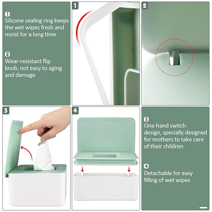 Diaper Wipes Dispenser Wipes Holder, Wipes Tissue Case Keeps Wipes Fresh Tissue Wipes Container with Lid (Green)
