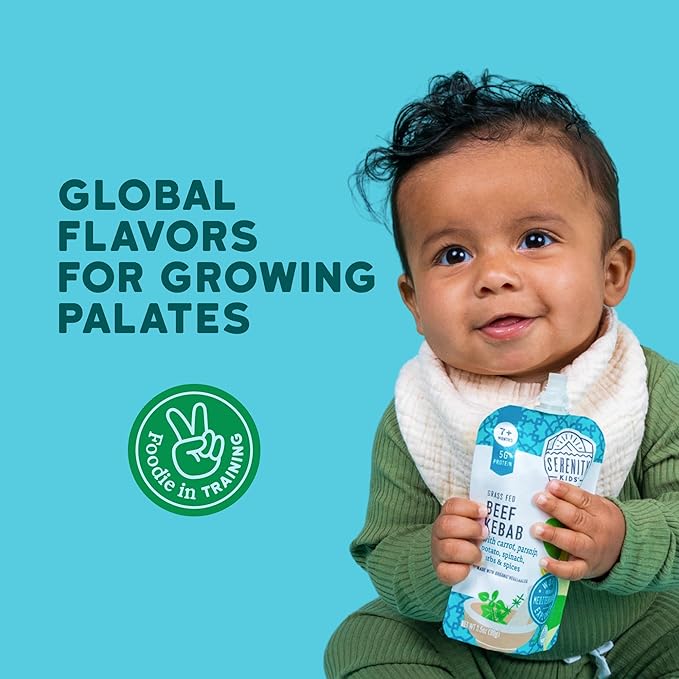 Serenity Kids 7+ Months World Explorers Baby Food Pouches Puree Made with Ethically Sourced Meats & Organic Veggies - 3.5 Ounce BPA-Free Pouch - Beef Kebab - 12 Count Meat Baby Food