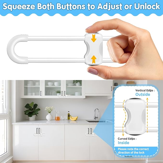 Modacraft 15Pcs Cabinet Locks Baby Proofing | U Shaped Adjustable Child Safety Cabinet Lock | Child Proof Baby Lock for Cabinets Closet | Easy to Use For Knob Handle in Kitchen Bathroom