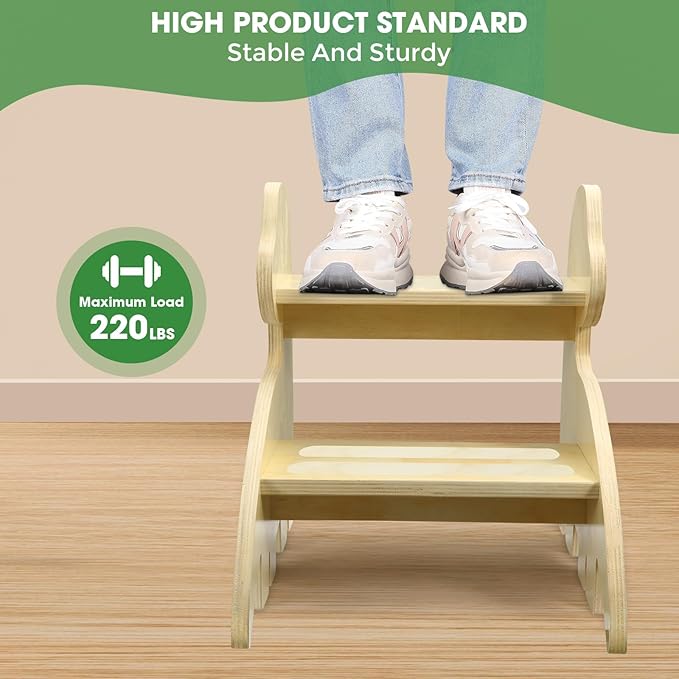 Toddler Step Stool, 2-Step Wooden Step Stool for Toddlers with Non-Slip Base, Cute Printed Design Potty Training Stool for Bathroom Sink, Kitchen & Bedroom (Dinosaur)