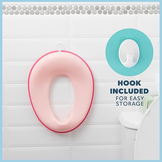 Toddler Potty Training Seat - Toddler Toilet Seat Attachment for Boys & Girls w/Splash Guard, Non-Slip Grip for Secure Fit, Fits Standard Round & Oval Toilets, Storage Hook Included, Pink