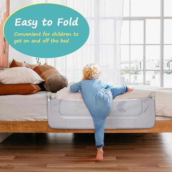 welspo Folding Toddler Bed Rails, Baby Bed Rail Guard, Height Adjustable and Foldable Bed Rail for Toddlers, Kids, fit Twin, Queen, King, Full, Bunk Beds (Grey, 47inch)