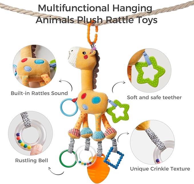 TUMAMA Giraffe Hanging Rattle Toys, Soft Baby Hanging Toys with Wind Chimes, Stroller Car Seat Crib Plush Animal Activity Toys Gift for Newborn Toddlers 0,3,6,9,12,36 Month