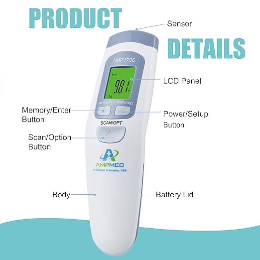 Amplim Non-Contact Forehead Thermometer for Kids and Adults. AmpMed No-Touch Baby Head Temporal Thermometer. Touchless Digital Fever Thermometer for Accurate Temperature Reading (White Blue)