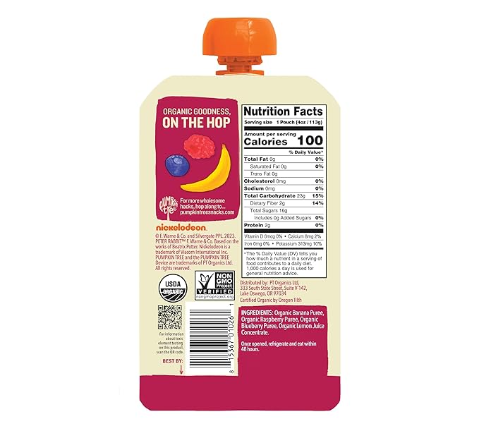 Pumpkin Tree Peter Rabbit Organics, Organic Raspberry, Banana and Blueberry 100% Pure Fruit Snack, 4 oz. Squeeze Pouches (Pack of 10)