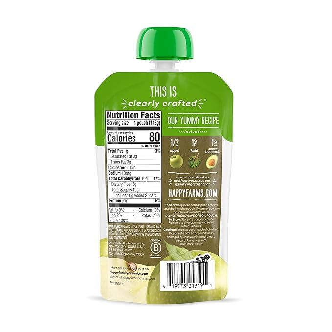 Happy Baby Organics Stage 2 Baby Food Pouches, Gluten Free, Vegan & Healthy Snack, Clearly Crafted Fruit & Veggie Puree, Apples, Kale & Avocados, 4 Ounces (Pack of 16)
