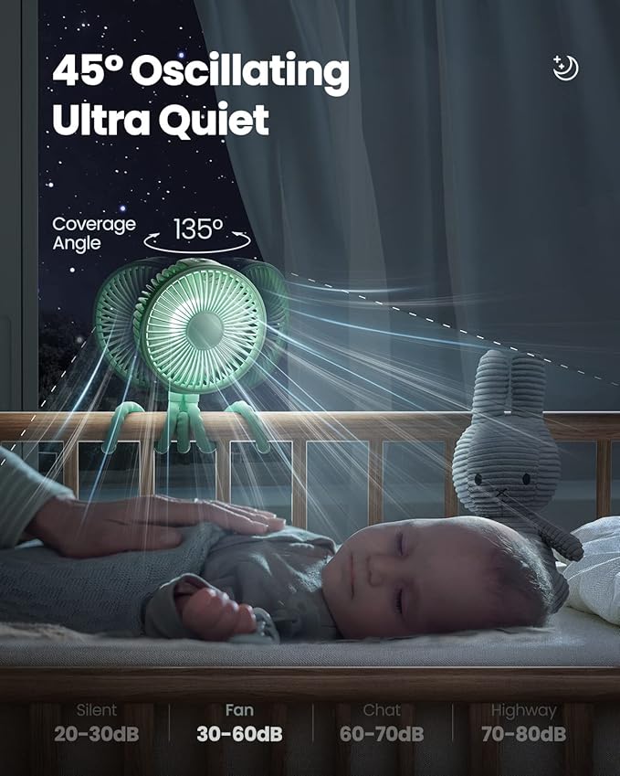 Gaiatop Oscillating Baby Stroller Fan with LED Night Light, 4 Speeds Cooling Rechargeable 360° Rotate Clip On, Battery Operated Small Portable Fans for Car Seat Crib Treadmill Travel