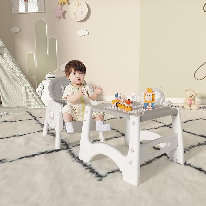 Xilingol 8 in 1 Convertible Baby High Chair W/Wheels, Baby Feeding Chair W/Adjustable Backrest & Removable Dual Tray, Building Block Table & Chair Set, HighChair for Babies & Toddlers (Grey)