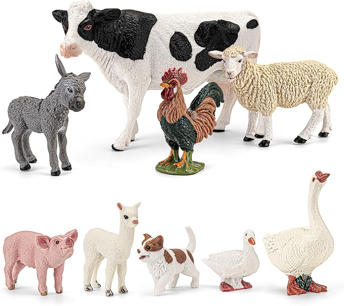 9PCS Realistic Farm Animal Toys for Toddlers, Educational Learning Plastic Farm Toy Animal Figure Set Playset Including Cow Sheep Pig Dog Figurines for Kid