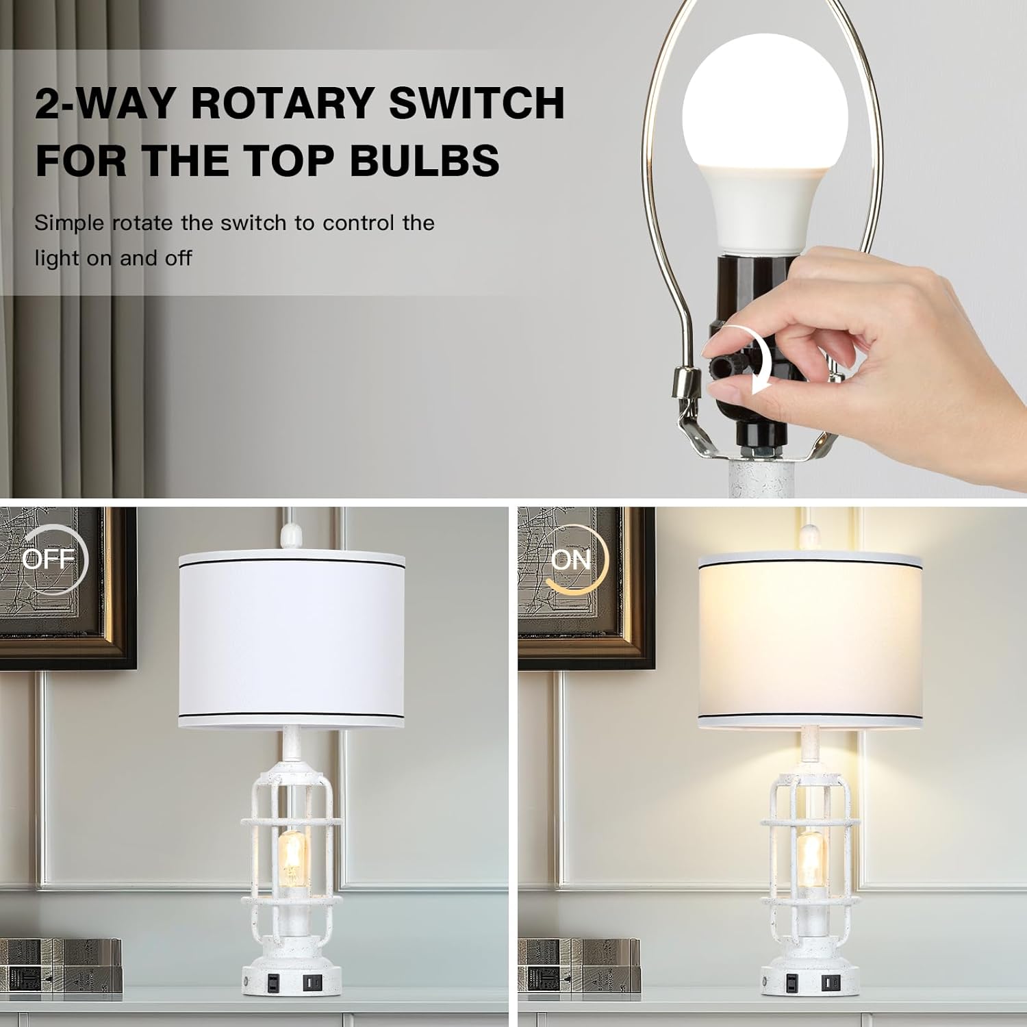 Farmhouse Industrial Lamps with USB A+C Charging Ports & AC Outlet, 3 Way Dimmable Touch Control Vintage Rustic Table lamps for Living Room, White Retro Beside Nightstand Metal Modern Lamp for Bedroom