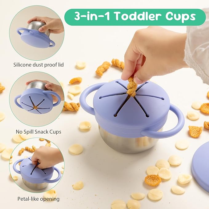 1 Pack Snack Containers for Toddlers, Stainless Steel Toddler Snack Cups with Silicone Food Catcher & Lids,Snack Cups for toddlers Spill Proof