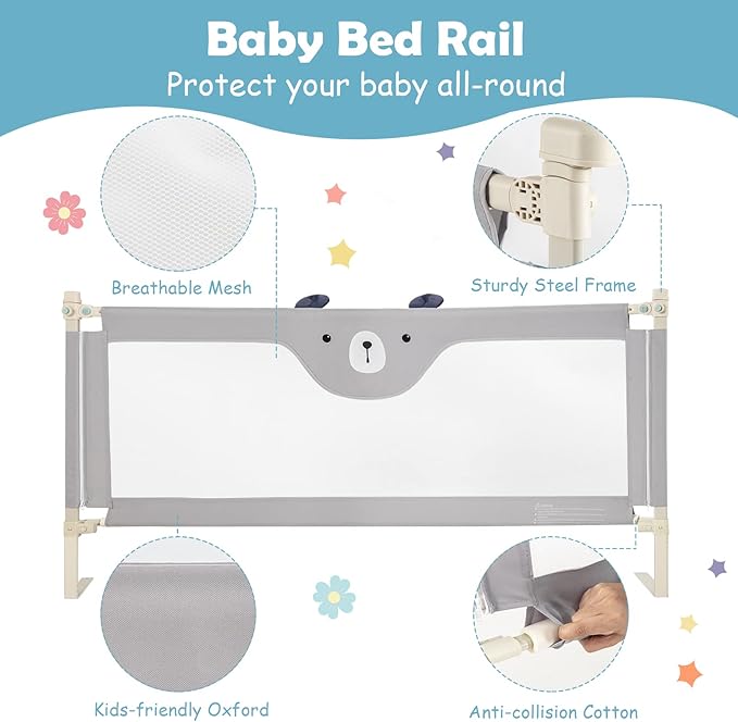 BABY JOY Bed Rail for Toddlers, 69’’ Extra Long, Height Adjustable & Folding Baby Bed Rail Guard w/Breathable Mesh & Double Safety Child Lock for Kids Twin Double Full Size Queen King Mattress (Gray)
