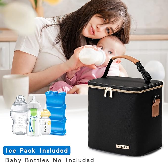 Breastmilk Cooler Bag with Ice Pack Fits 6 Baby Bottles Up to 9 Ounce, Baby Bottle Bag with Shoulder Strap for Nursing Mom Daycare, Black