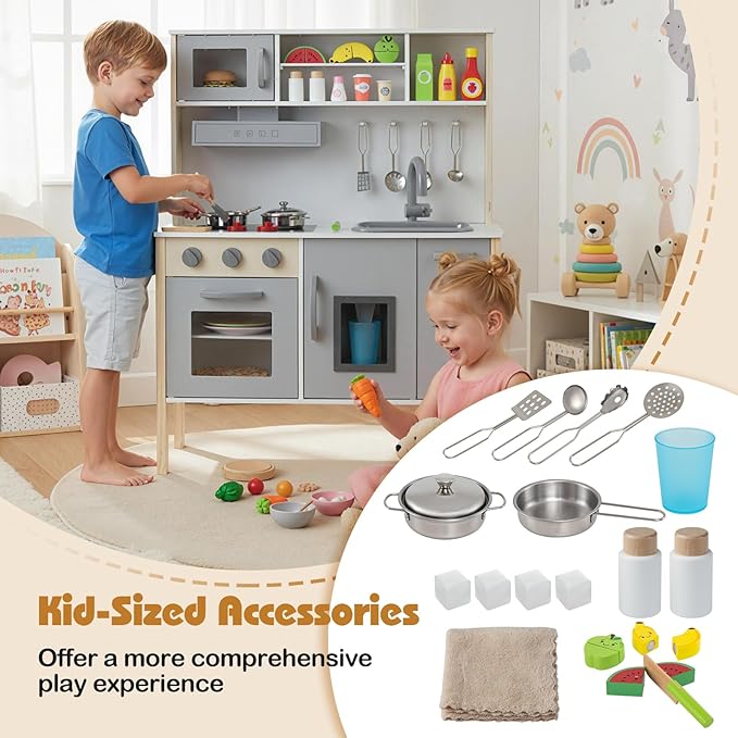 HONEY JOY Kids Kitchen Playset, Wooden Play Kitchen for Toddlers, Microwave, Range Hood, Ice Maker, 18 Cooking Accessories, Little Chef Pretend Play Toy Kitchen Set, Gift for Boys Girls, Gray
