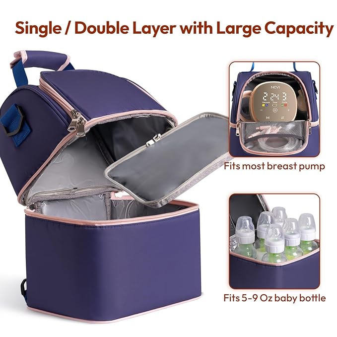 NCVI Breastmilk Cooler Bag with 2 Ice Pack, Breast Pump Bag with Cooler Fits 6 Bottles, Double Layer Breast Milk Baby Bottle Cooler Bag, for Travel, Nursing Mom Daycare, Work, Picnic (Purple)