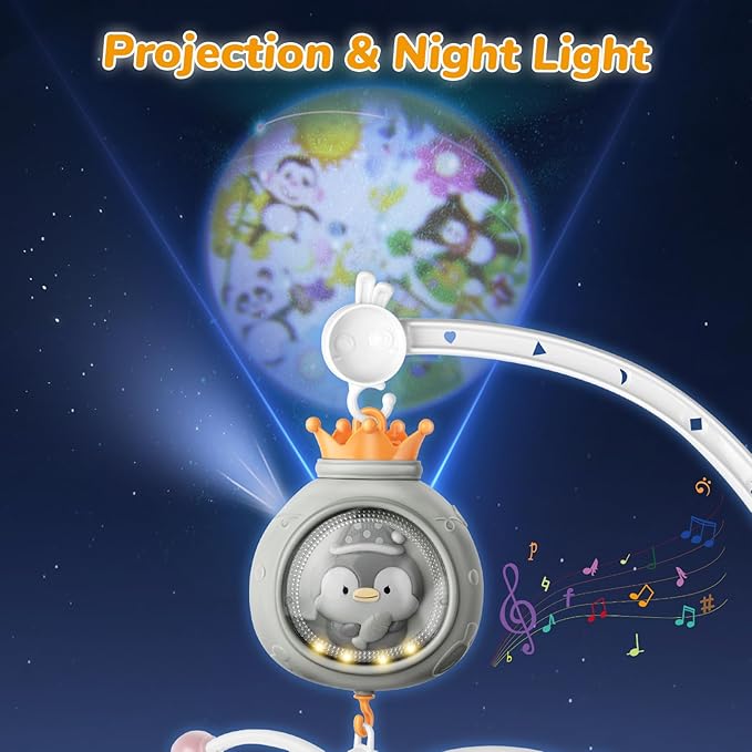 Crib Mobile with Music and Lights, Mobiles for Cribs, Baby Nursery Space Portable Infant Arm Hanger for Girls Boys Babies Bassinets Pack and Play Clip On Attachment, Toys Musical Hanging