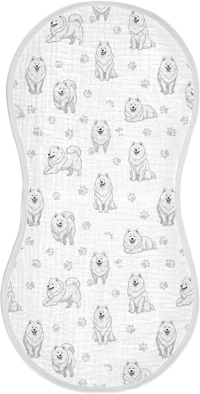 1 Pack Muslin Burp Cloths Samoyed Dogs White Cotton Baby Burp Cloths Extra Absorbent and Soft Spit Up Rags for Newborn Babies Boys Girls 22x11 Inch