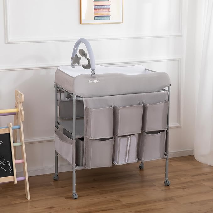 Baby Changing Table, Versatile Portable Folding Changing Table, Waterproof Diaper Changing Station with Waste Basket, Adjustable Height with 2 Drawers, Baby Changing Station for Infant and Newborn