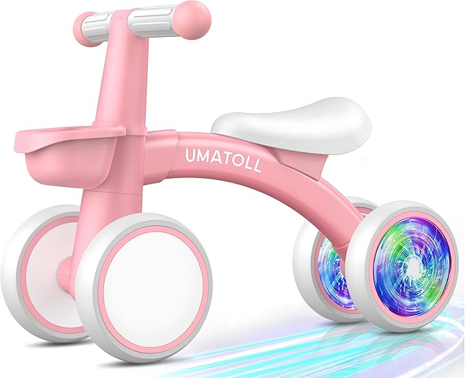 Umatoll Colorful Lighting Baby Balance Bike Toys for 1 Year Old Girls Gifts, Adjustable Seat, 1st Birthday Gifts, 12-24 Months Toddler Bike, Pink