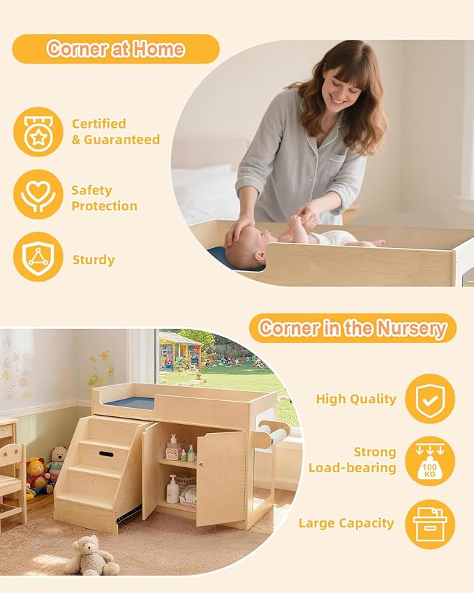 Wooden Baby Changing Table with Mirror, 100% Birch Plywood Toddler Diaper Changing Station with Stairs & Storage, Montessori Furniture for Daycare, Nursery, Home, School