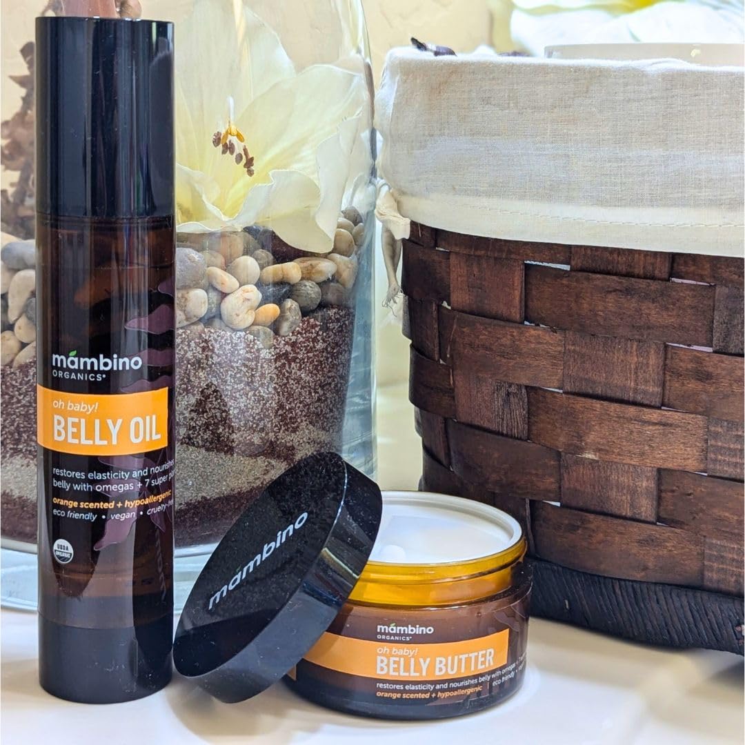 Mambino Organics Oh Baby! Organic Belly Oil for Pregnancy (2 Pack) - Hydrating Stretch Mark Serum, Vegan Maternity Skin Care, Eco-Friendly Pregnancy Oil for Elasticity & Glow, 4oz